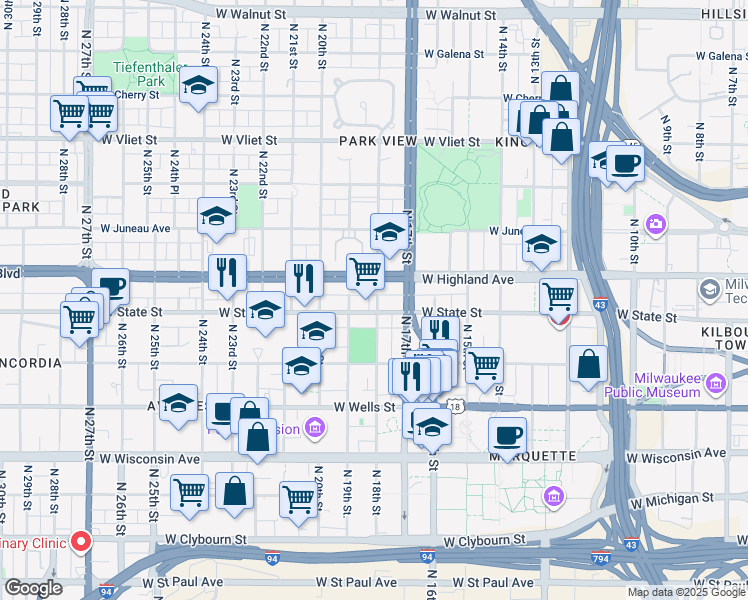 map of restaurants, bars, coffee shops, grocery stores, and more near 1819 West Highland Avenue in Milwaukee