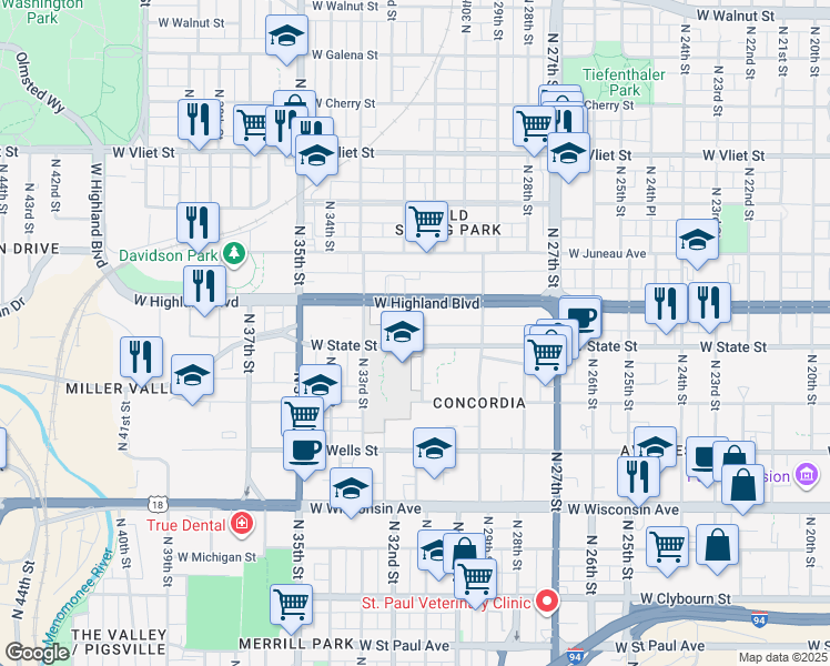 map of restaurants, bars, coffee shops, grocery stores, and more near 3025 West Highland Boulevard in Milwaukee