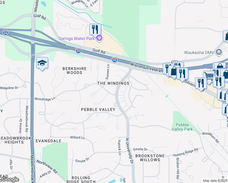 map of restaurants, bars, coffee shops, grocery stores, and more near 2712 Woodridge Lane in Waukesha