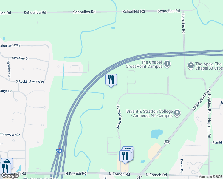map of restaurants, bars, coffee shops, grocery stores, and more near 300 Crosspoint Parkway in Getzville