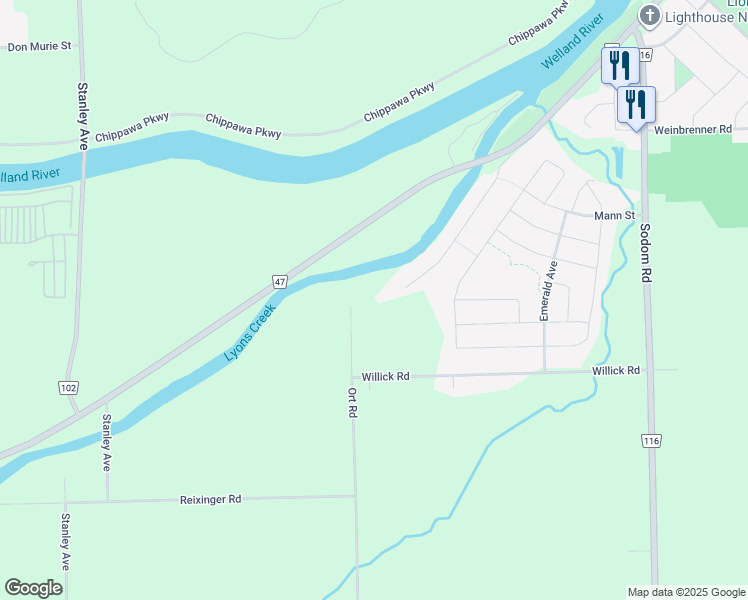 map of restaurants, bars, coffee shops, grocery stores, and more near 4949 Lyon's Parkway in Niagara Falls
