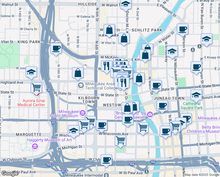 map of restaurants, bars, coffee shops, grocery stores, and more near 1001 Vel R. Phillips Avenue in Milwaukee