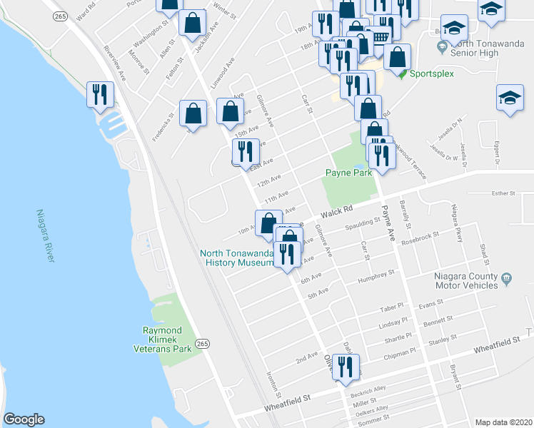 map of restaurants, bars, coffee shops, grocery stores, and more near 797 Oliver Street in North Tonawanda