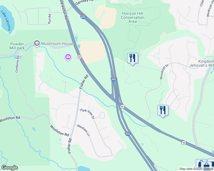 map of restaurants, bars, coffee shops, grocery stores, and more near 1250 Pittsford Victor Road in Pittsford