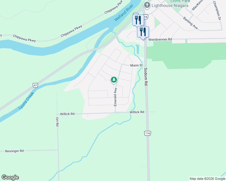 map of restaurants, bars, coffee shops, grocery stores, and more near 9337 Emerald Avenue in Niagara Falls