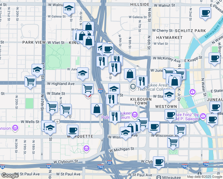 map of restaurants, bars, coffee shops, grocery stores, and more near 1004 North 10th Street in Milwaukee
