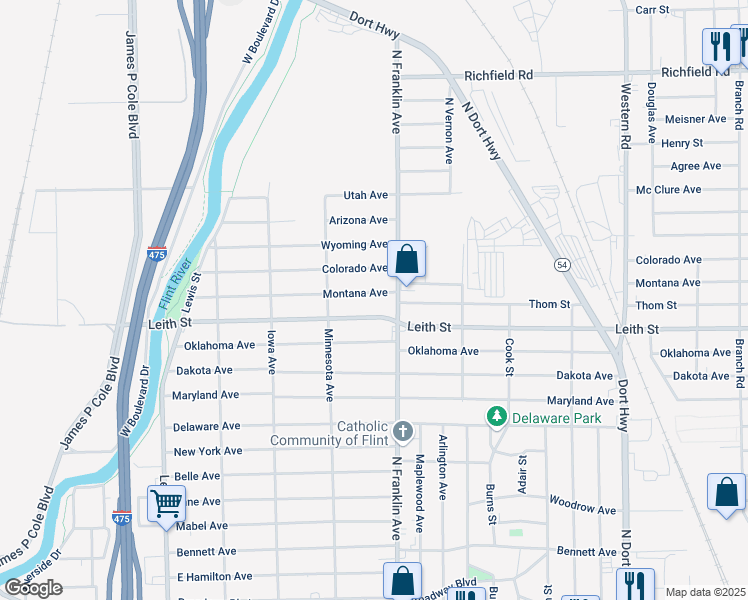map of restaurants, bars, coffee shops, grocery stores, and more near 1729 Montana Avenue in Flint