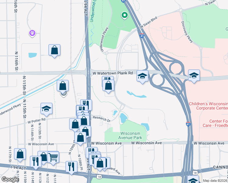 map of restaurants, bars, coffee shops, grocery stores, and more near 10100 West Innovation Drive in Wauwatosa