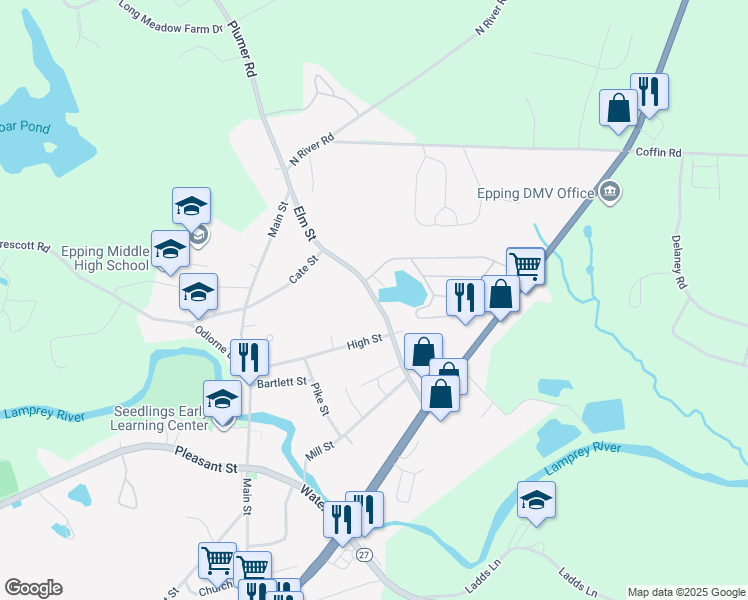 map of restaurants, bars, coffee shops, grocery stores, and more near 58-62 Elm Street in Epping