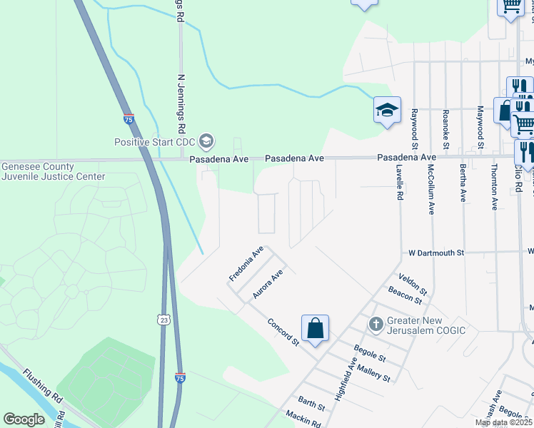 map of restaurants, bars, coffee shops, grocery stores, and more near 3379 Pasadena Avenue in Flint