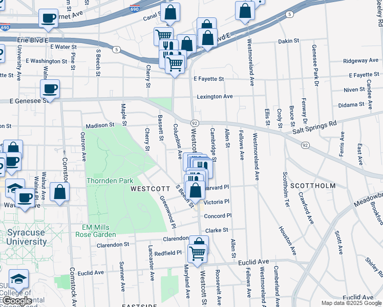 map of restaurants, bars, coffee shops, grocery stores, and more near 203 Hawthorne Street in Syracuse