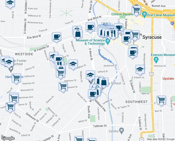 map of restaurants, bars, coffee shops, grocery stores, and more near 312 Gifford Street in Syracuse