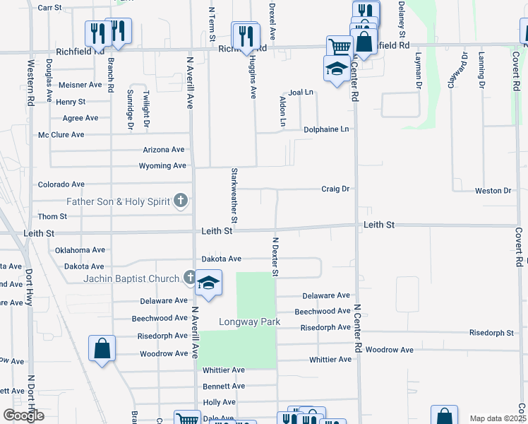 map of restaurants, bars, coffee shops, grocery stores, and more near 3201 Salishan Circle in Flint