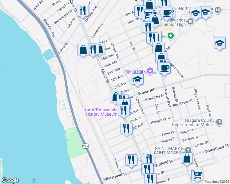 map of restaurants, bars, coffee shops, grocery stores, and more near 113 11th Avenue in North Tonawanda