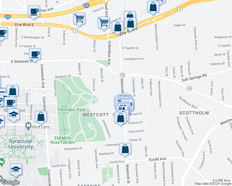 map of restaurants, bars, coffee shops, grocery stores, and more near 203 Hawthorne Street in Syracuse