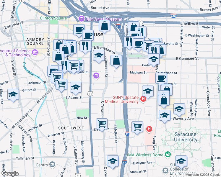 map of restaurants, bars, coffee shops, grocery stores, and more near 500 Harrison Street in Syracuse