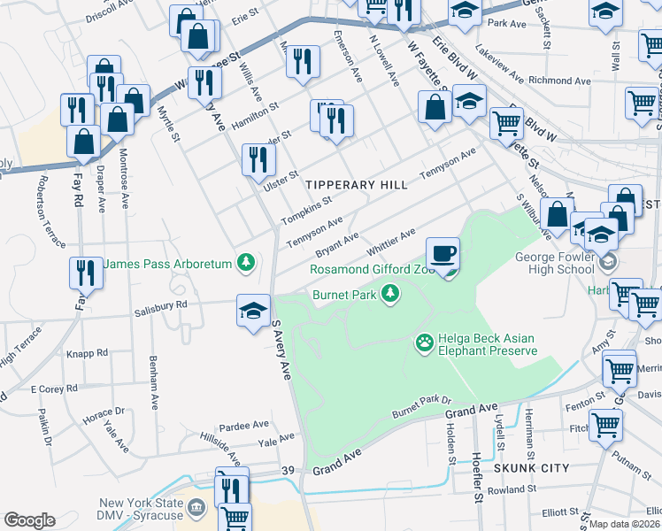 map of restaurants, bars, coffee shops, grocery stores, and more near 439 Bryant Avenue in Syracuse