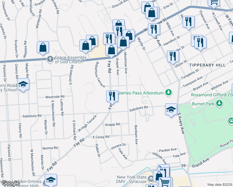 map of restaurants, bars, coffee shops, grocery stores, and more near 307 Fay Road in Syracuse
