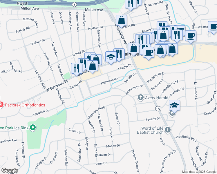 map of restaurants, bars, coffee shops, grocery stores, and more near 200 Shrineview Drive in Syracuse