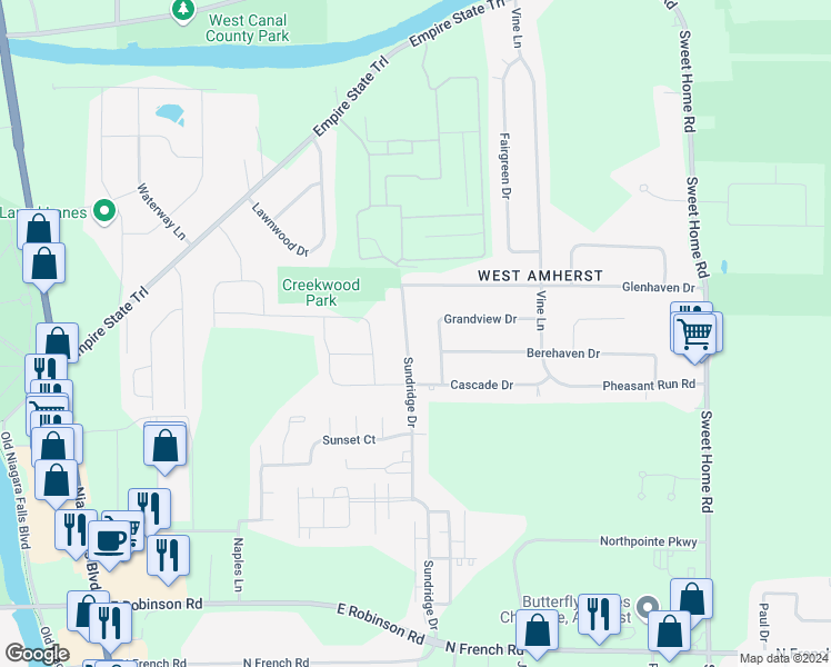 map of restaurants, bars, coffee shops, grocery stores, and more near 324 Sundridge Drive in Buffalo