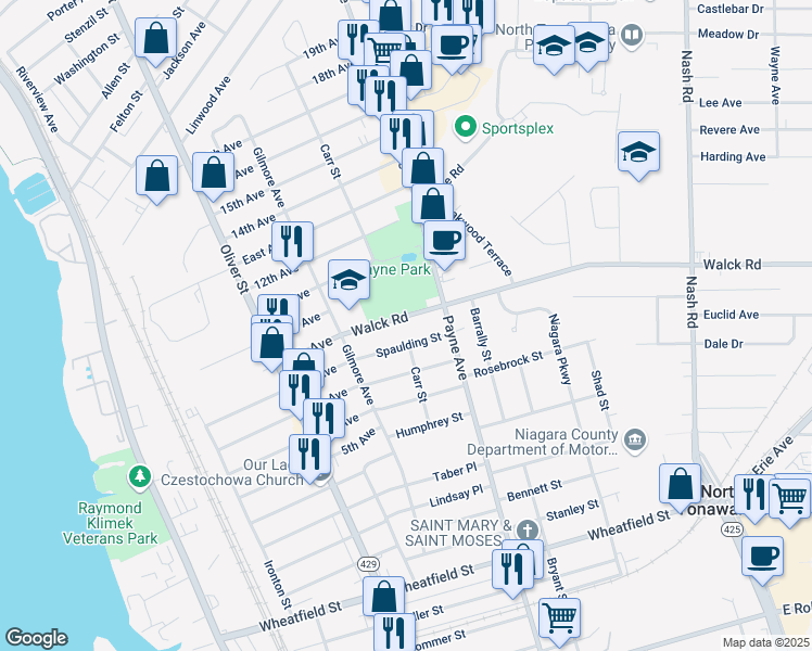 map of restaurants, bars, coffee shops, grocery stores, and more near 261 Walck Road in North Tonawanda