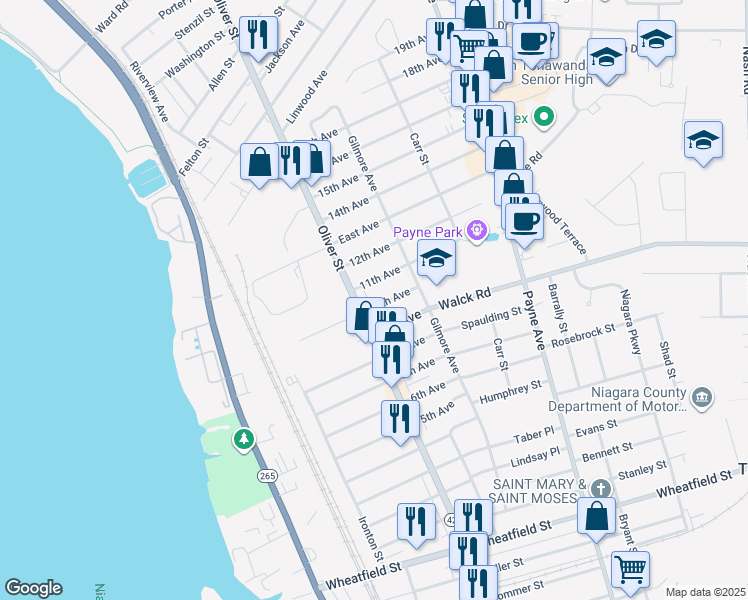 map of restaurants, bars, coffee shops, grocery stores, and more near 113 11th Avenue in North Tonawanda