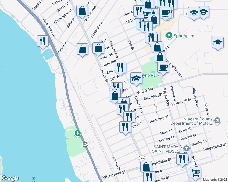 map of restaurants, bars, coffee shops, grocery stores, and more near 113 11th Avenue in North Tonawanda