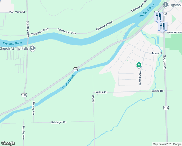 map of restaurants, bars, coffee shops, grocery stores, and more near 9265 Ort Road in Niagara Falls