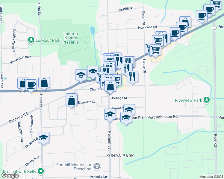 map of restaurants, bars, coffee shops, grocery stores, and more near 1961 Church Hill in Pelham