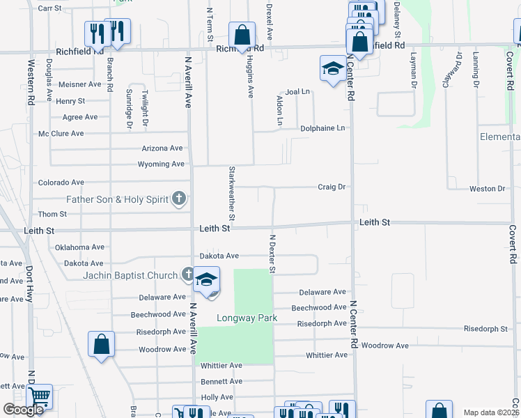 map of restaurants, bars, coffee shops, grocery stores, and more near 3201 Salishan Circle in Flint