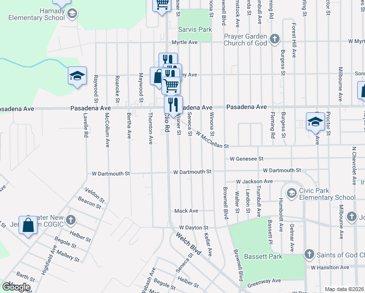 map of restaurants, bars, coffee shops, grocery stores, and more near 3022 Wisner Street in Flint