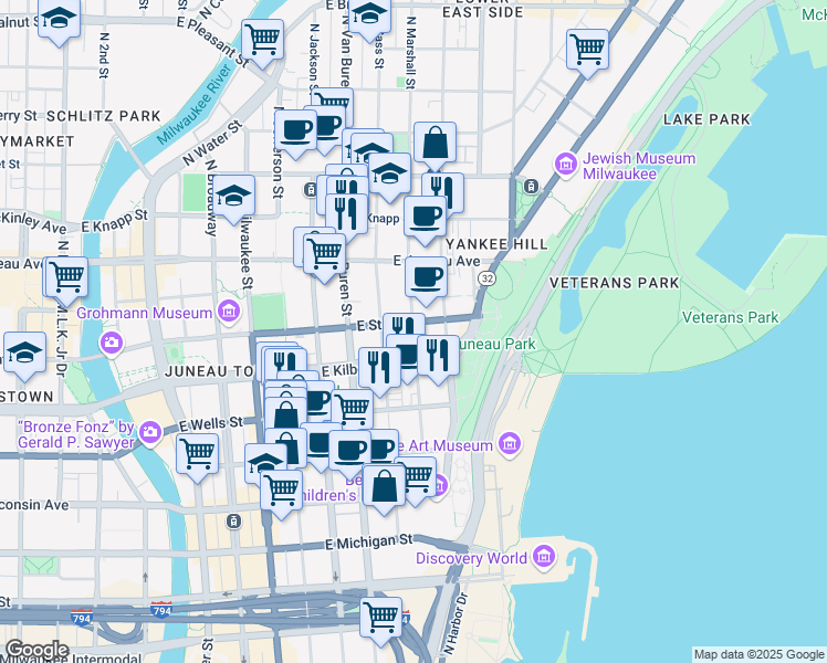 map of restaurants, bars, coffee shops, grocery stores, and more near 812 East State Street in Milwaukee