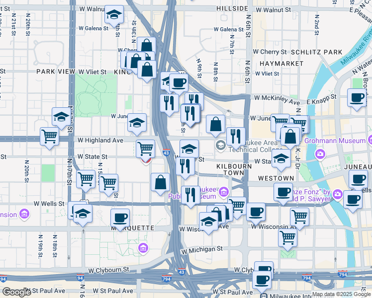 map of restaurants, bars, coffee shops, grocery stores, and more near 1036 North 10th Street in Milwaukee