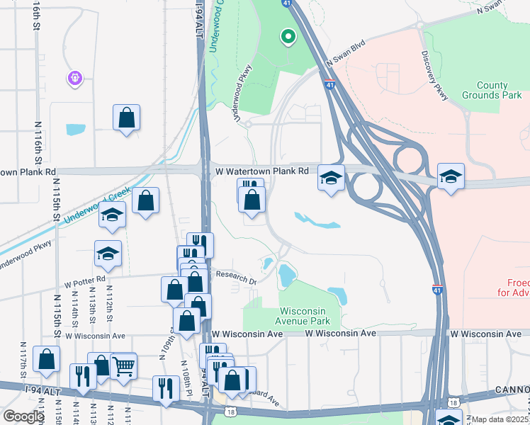 map of restaurants, bars, coffee shops, grocery stores, and more near 10066 West Innovation Drive in Wauwatosa