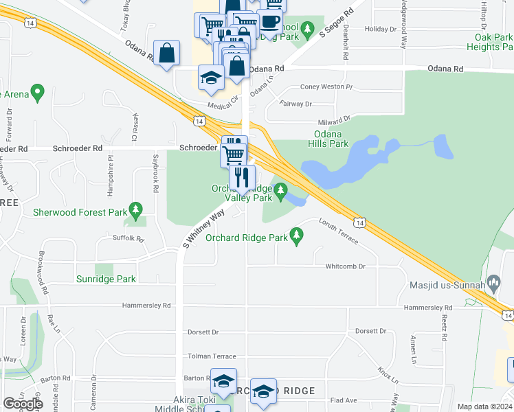 map of restaurants, bars, coffee shops, grocery stores, and more near 1001 South Whitney Way in Madison