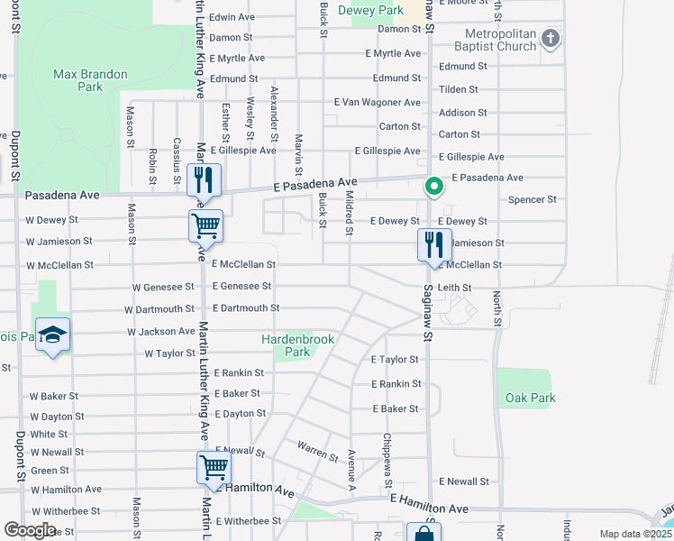 map of restaurants, bars, coffee shops, grocery stores, and more near 433 East McClellan Street in Flint