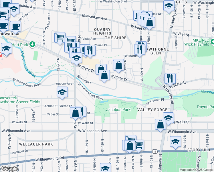 map of restaurants, bars, coffee shops, grocery stores, and more near 6400 River Parkway in Wauwatosa