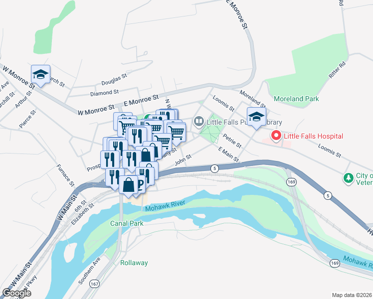 map of restaurants, bars, coffee shops, grocery stores, and more near 615 Albany Street in Little Falls