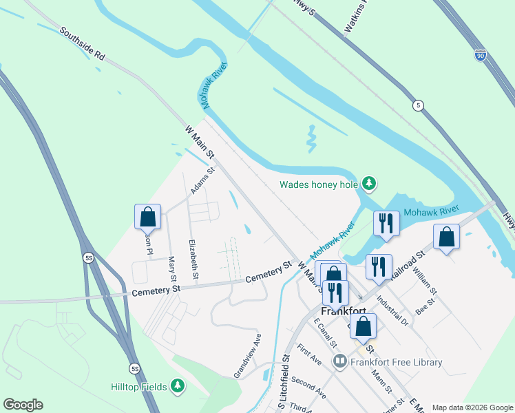 map of restaurants, bars, coffee shops, grocery stores, and more near 242 West Main Street in Frankfort