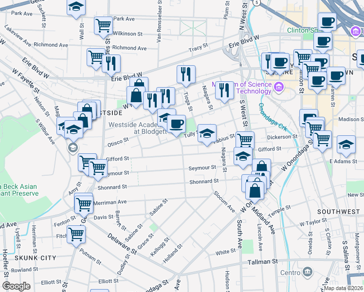 map of restaurants, bars, coffee shops, grocery stores, and more near 599 Fabius Street in Syracuse