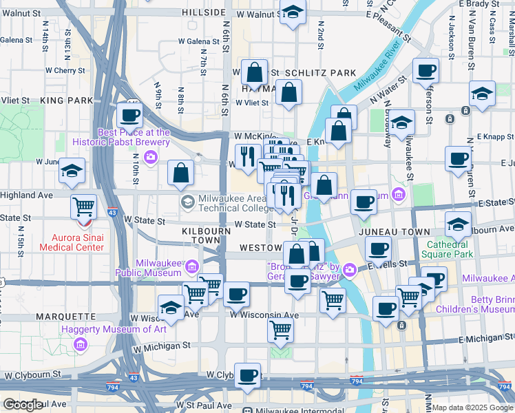 map of restaurants, bars, coffee shops, grocery stores, and more near 1001 Vel R. Phillips Avenue in Milwaukee
