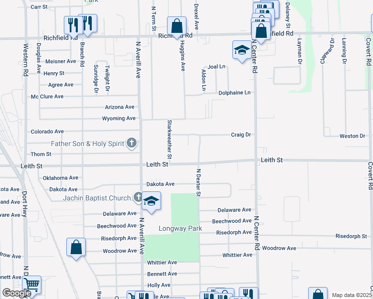 map of restaurants, bars, coffee shops, grocery stores, and more near 3201 Salishan Circle in Flint