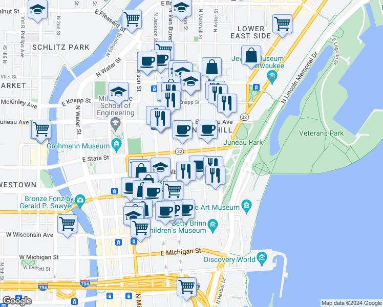 map of restaurants, bars, coffee shops, grocery stores, and more near 803-811 East State Street in Milwaukee