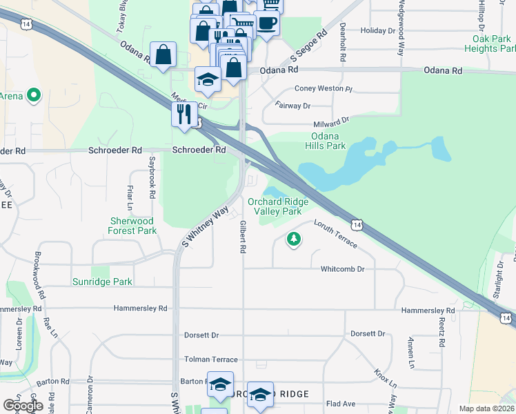 map of restaurants, bars, coffee shops, grocery stores, and more near 1005 Gilbert Road in Madison