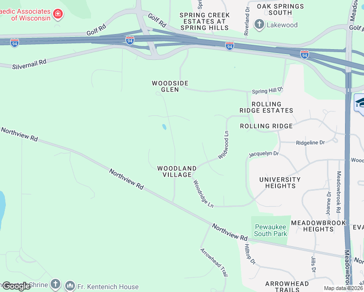 map of restaurants, bars, coffee shops, grocery stores, and more near W277N1020 Woodside Drive in Waukesha