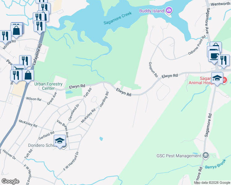 map of restaurants, bars, coffee shops, grocery stores, and more near 610 Elwyn Road in Portsmouth