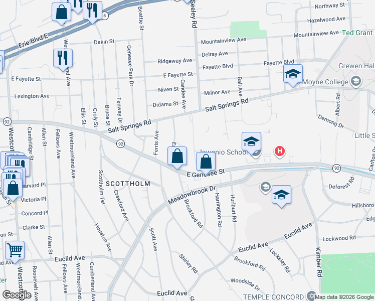 map of restaurants, bars, coffee shops, grocery stores, and more near 164 Edgehill Road in Syracuse