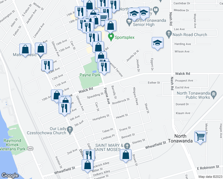 map of restaurants, bars, coffee shops, grocery stores, and more near 752 Barrally Street in North Tonawanda