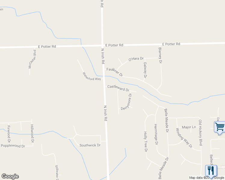 map of restaurants, bars, coffee shops, grocery stores, and more near 8032 Castleward Drive in Davison