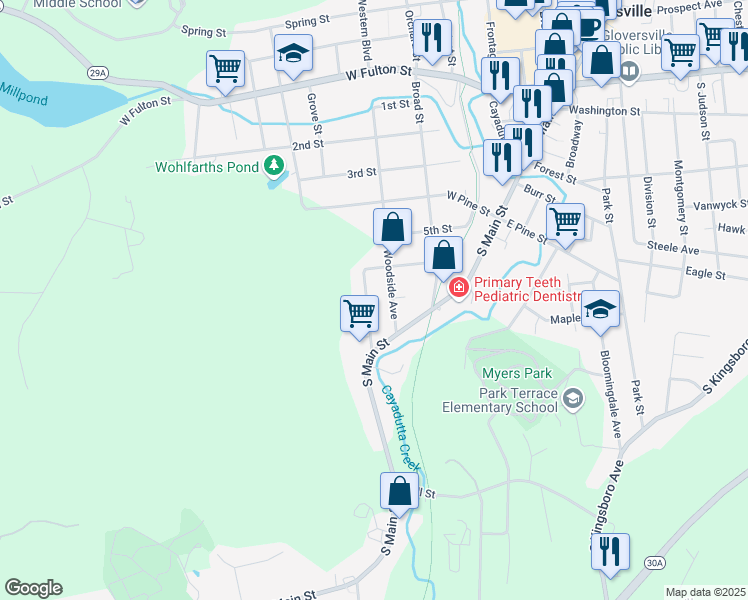map of restaurants, bars, coffee shops, grocery stores, and more near 27 Woodside Avenue in Gloversville